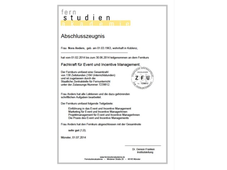 Abschlusszeugnis Der Fernstudienakademie